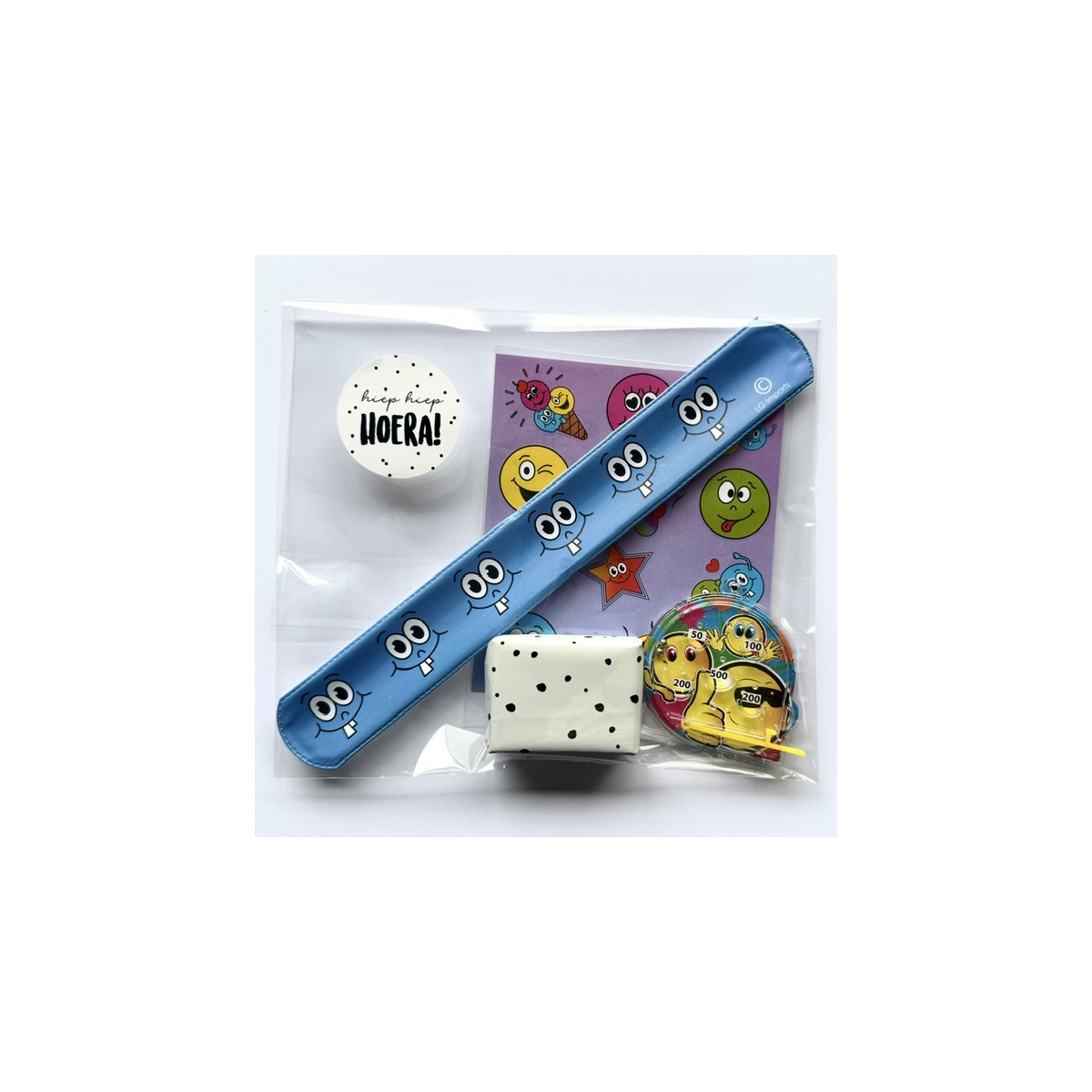 Smiley klaparmband, stickers + flipperspelletje
