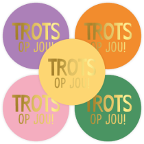Sticker Trots op jou roze/paars/geel/groen/oranje met goudfolie 40 mm 5 stuks 