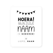 Gepersonaliseerd witte sticker 54x70mm Hoera! Mijn zusje naam is geboren! Liefs, Naam  5 stuks