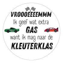 Traktatiesticker -  VROOOEEEMMM ik geef wat extra gas, want ik mag naar de kleuterklas 4 stuks