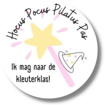 Traktatiesticker -  Hocus Pocus Pilatus Pas ik mag naar de kleuterklas roze 4 stuks