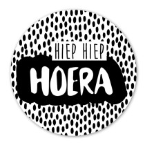 Sticker Hiep hiep hoera met dots zwart/wit 45 mm 10 stuks