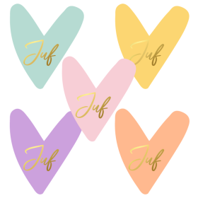 Stickermix hartjevorm met  Juf in goudfolie frisse kleurtjes 5 stuks